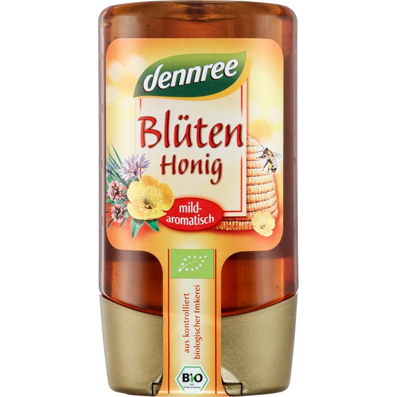 dennree Blütenhonig, mild-aromatisch, in der PET-Flasche - Produktbild