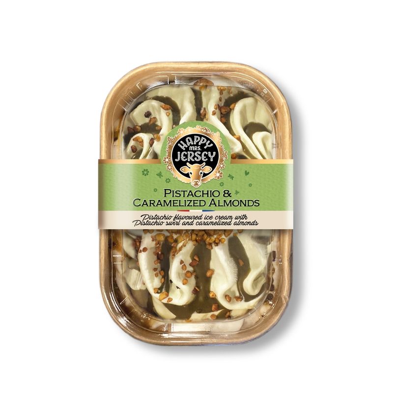 Happy Mrs Jersey Happy Mrs Jersey - BIO Eis/Organic Ice Cream: Pistazien und karamellisierte Mandeln / Pistachio and Caramelized Almonds 900ml - Produktbild