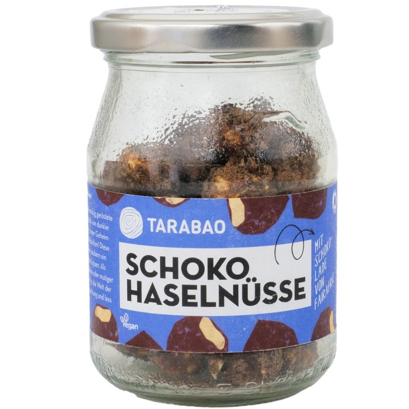 TARABAO Haselnüsse geröstet in Zartbitterschokolade im Pfandglas - Produktbild