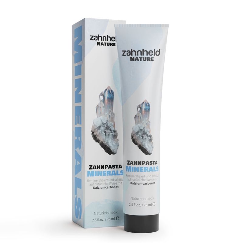 zahnheld Zahnpasta MINERALS – remineralisiert & schützt effektiv mit Kalziumcarbonat, Zink, Hydroxylapatit & Fluorid. Sanfte Formel beruhigt empfindliche Zähne und Zahnfleisch, stärkt Zahnschmelz, reduziert Plaque & fördert gesunde Mundhygiene. - Produktbild