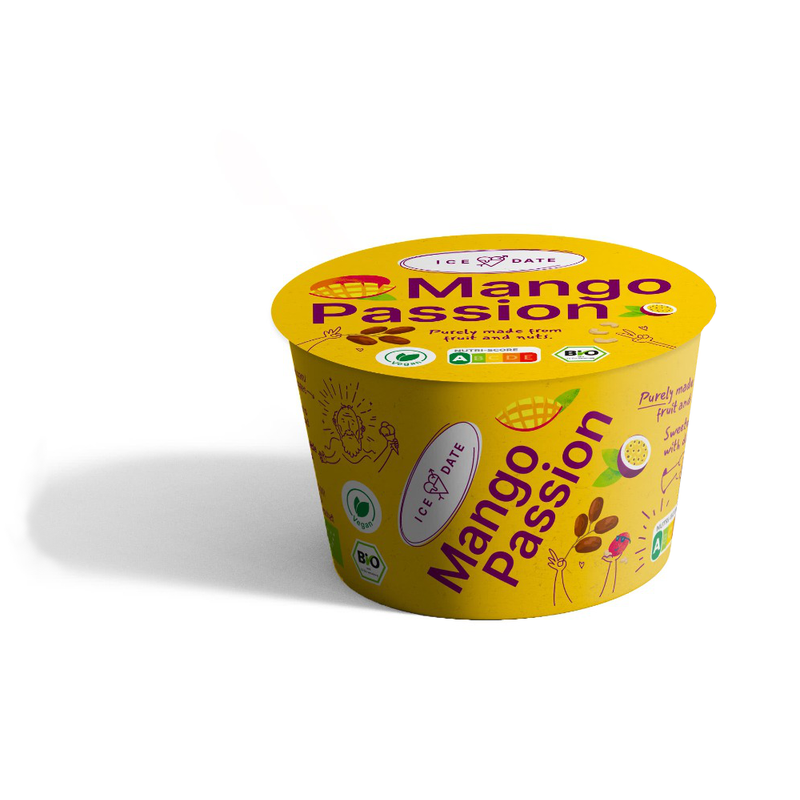 iceDate iceDate Bio-Mango-Passion-Eis, vegan, laktosefrei, glutenfrei, mit Datteln gesüßt, Nutri-Score “A" 120ml - Produktbild