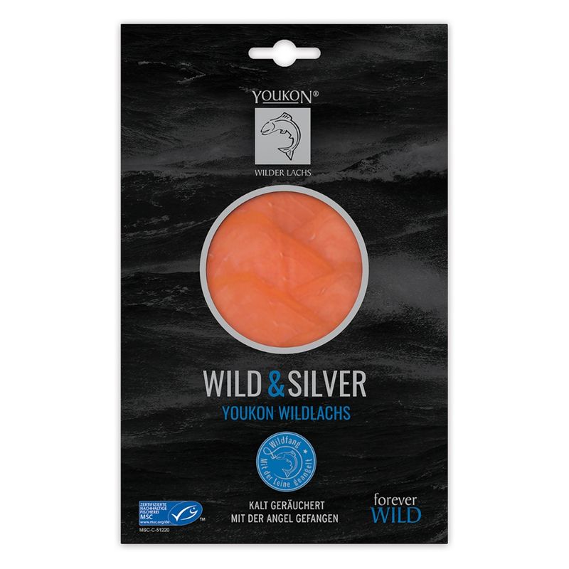 Youkon Wilder Lachs  Youkon Wild & Silver Wildlachs (Oncorhynchus kisutch) 75 g, kalt geräuchert und mit der Angel gefangen, MSC zertifiziert - Produktbild