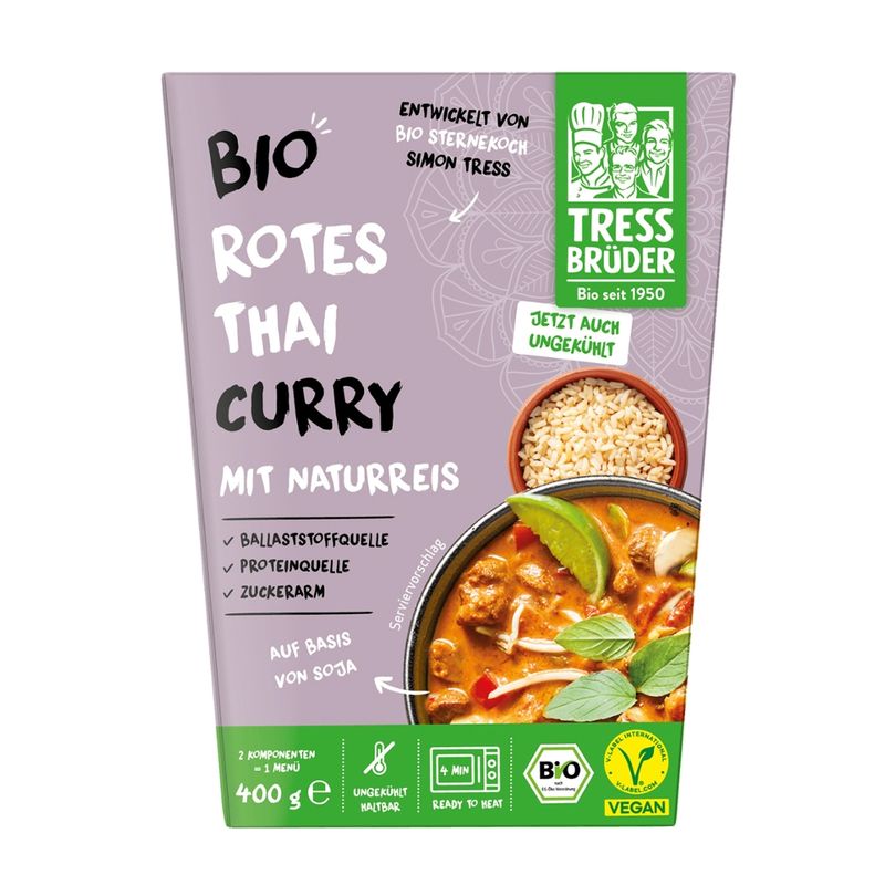Tress Brüder veganes Bio Rotes Thai Curry Typ Chicken auf Basis von Soja mit Naturreis - Produktbild