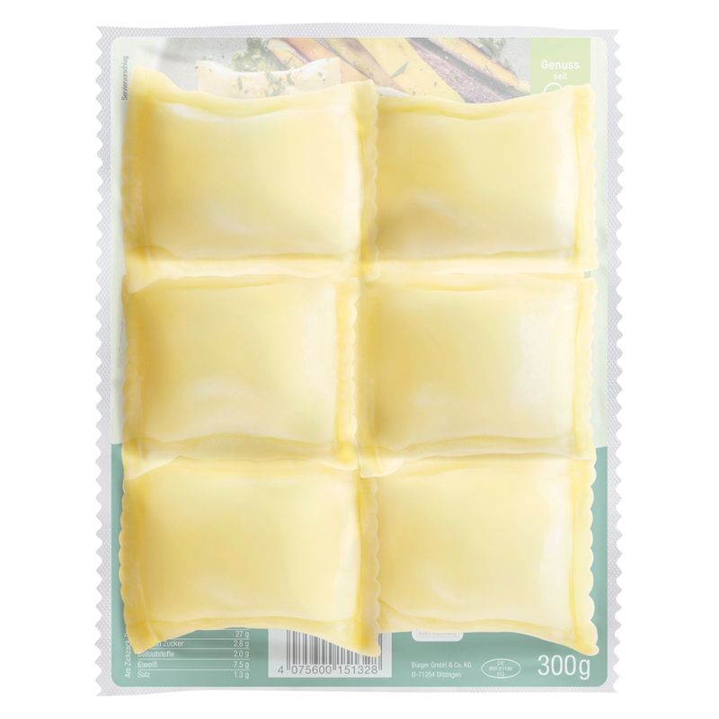 BÜRGER  BIO-Maultaschen mit einer sorgfältig abgestimmten Füllung aus Fleisch, Spinat, Brot, Ei, Zwiebeln und erlesenen Gewürzen. Alle Zutaten stammen aus kontrolliert biologischem Anbau (DE-ÖKO-006). - Produktbild