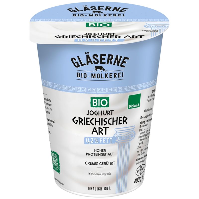 Gläserne Molkerei GM Bio Joghurt griechischer Art 0,2% Fett 400g - Produktbild