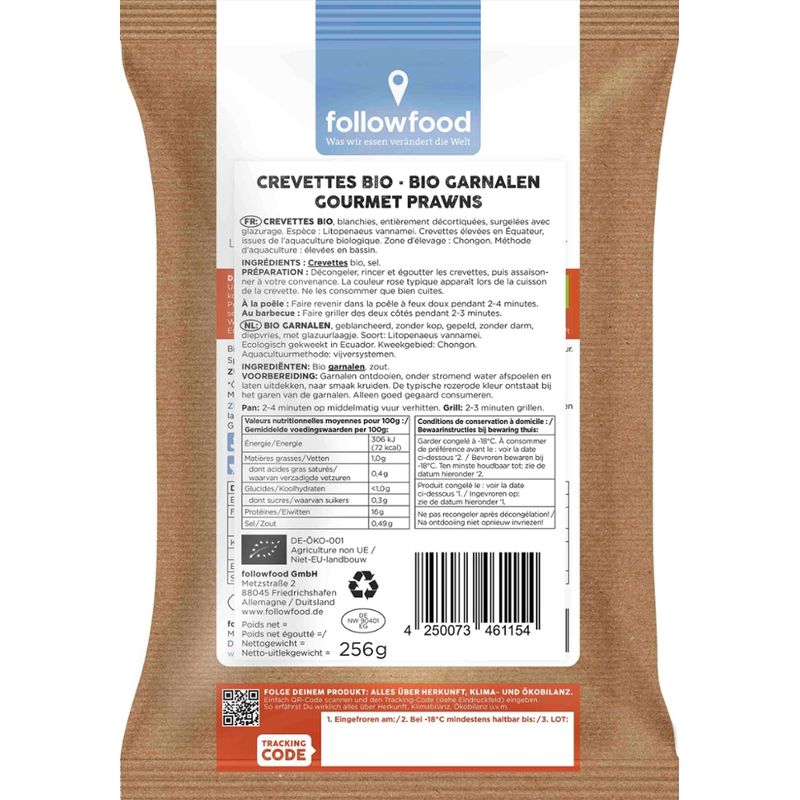 followfood Bio Gourmet Prawns, ohne Kopf, geschält, blanchiert, tiefgekühlt mit Wasserschutzglasur. - Produktbild