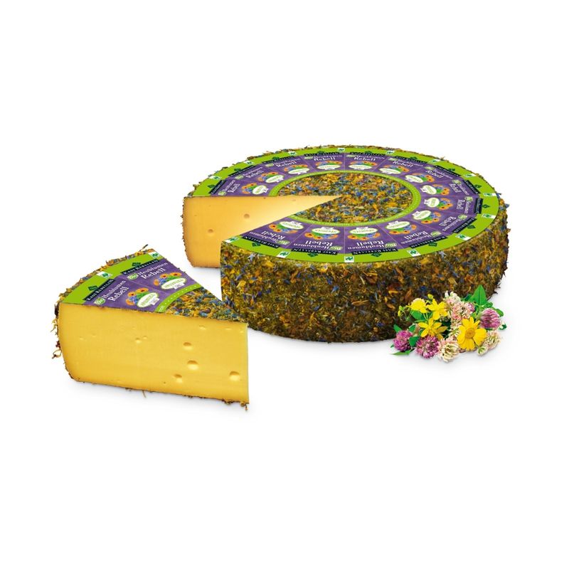 Käserebellen Bio Heublumen Rebell, Schnittkäse mindestens 50% Fett i.Tr., mit Bio-Heublumen affiniert, aus Bio-Bergbauern-Heumilch g.t.S., mit Bio-Blüten-, Bio-Gewürz- und Bio-Kräutermischung affiniert, 1/2 Laib ca. 3 kg - Produktbild