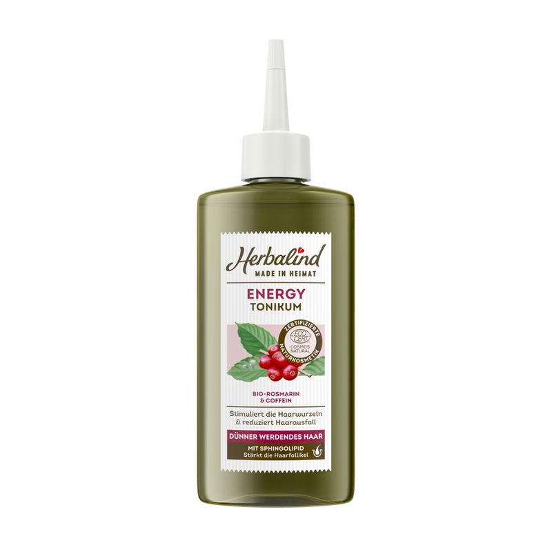 Herbalind Tonikum Energy Bio Rosmarin & Coffein stimuliert die Haarwurzeln, stärkt dünner werdendes Haar und fördert gesundes Haarwachstum für spürbar kräftiges und dichter aussehendes Haar. - Produktbild