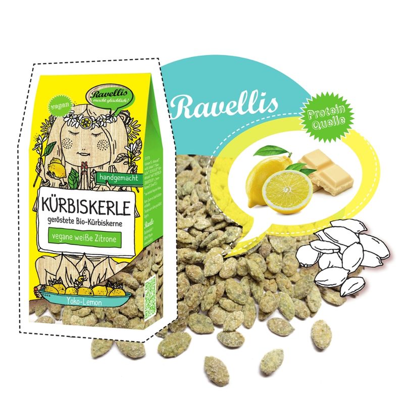 Ravellis "YOKO-LEMON" Geröstete Bio-Kürbiskerne veredelt mit veganer weißer & Zitrone - Produktbild