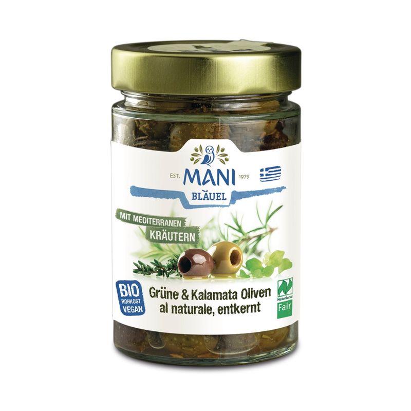 MANI® MANI Grüne & Kalamata Oliven al naturale Mediter. Kräutern, entk., bio, NL Fair - Produktbild