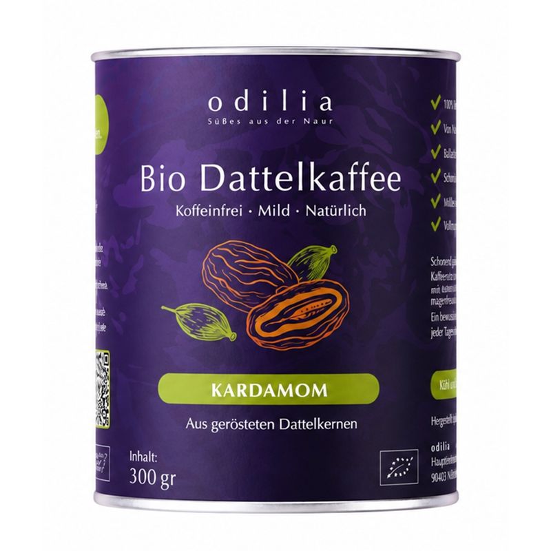 odilia Bio Dattelkaffee Kardamom – koffeinfreie Dattelkaffee-Alternative aus gerösteten Dattelkernen mit Kardamom, mild & natürlich, 350g - Produktbild