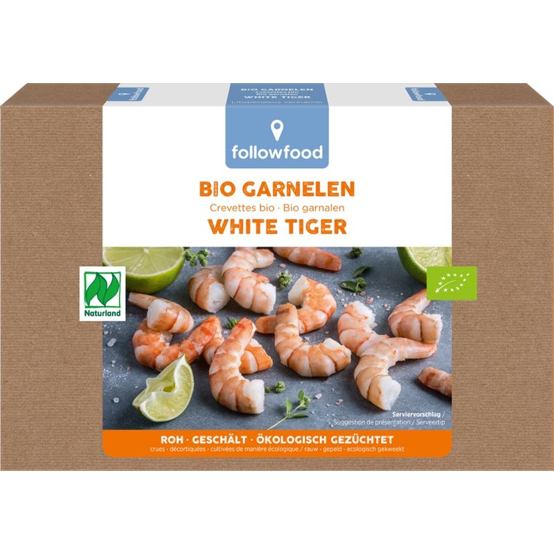 followfood Bio-Garnelen White Tiger, roh, ohne Kopf, geschält, tiefgekühlt mit Wasserschutzglasur, einzeln entnehmbar - Produktbild