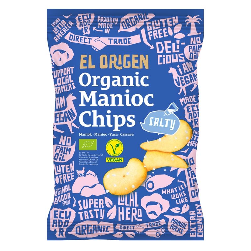 el origen el origen Bio Maniok Chips mit Meersalz, 60 g – aus direct trade, bio-zertifiziert, vegan, ohne Palmöl, glutenfrei, ohne Zusätze. - Produktbild