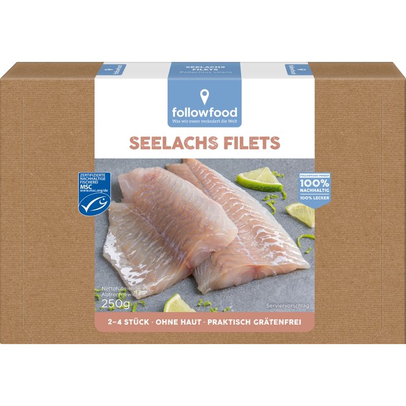 followfood Seelachs Filets, 2-4 Filets, ohne Haut, praktisch grätenfrei, tiefgekühlt mit Wasserschutzglasur. - Produktbild