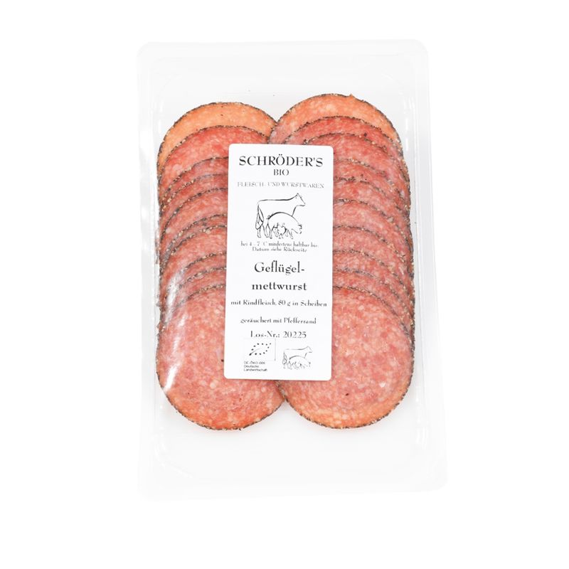 Schröder's Bio Fleisch- und Wurstwaren Geflügelmettwurst mit Pfefferrand 80 g in Scheiben - Produktbild