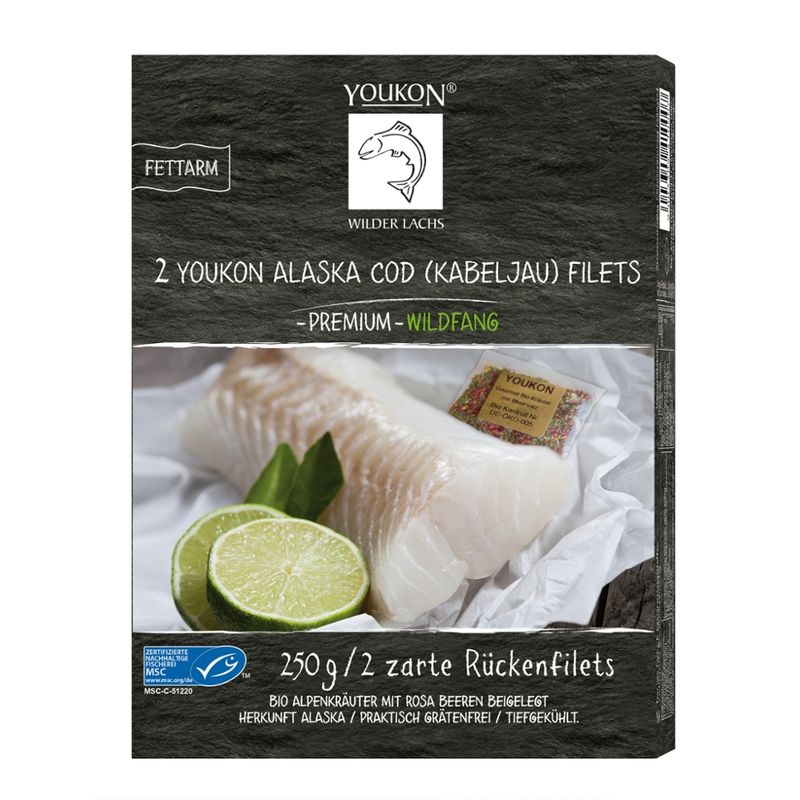 Youkon Wilder Lachs  Youkon Alaska COD (Kabeljau) Filets - Premium - Wildfang - 250 g/2 zarte Rückenfilets mit beigelegter Bio Alpenkräuter Mischung mit Bio rosa Beeren; MSC zertifiziert - Produktbild