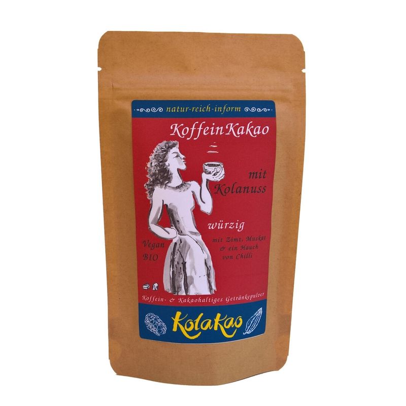KolaKao KolaKao würzig - der KoffeinKakao mit 40% Kolanuss als Koffeinquelle, schokoladig mit edlem peruanischem Kakao (schwach entölt), gewürzt mit Zimt, Chilli & Muskat, dezent gesüßt. Das Getränkepulver ist Vegan, Kakao und Kolanuss sind Fair gehandelt. - Produktbild