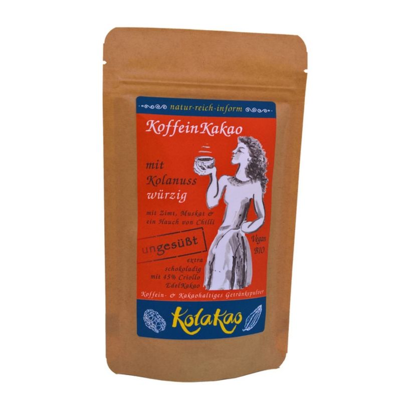 KolaKao KolaKao würzig & ungesüßt - der Koffein-Kakao mit Kolanuss. Getränkepulver mit dem milden Koffein der Kolanuss, ohne Zuckerzugabe. Gewürzt mit Zimt, Muskat & ein Hauch von Chilli, nicht scharf aber aromatisch. Bio & Vegan. - Produktbild
