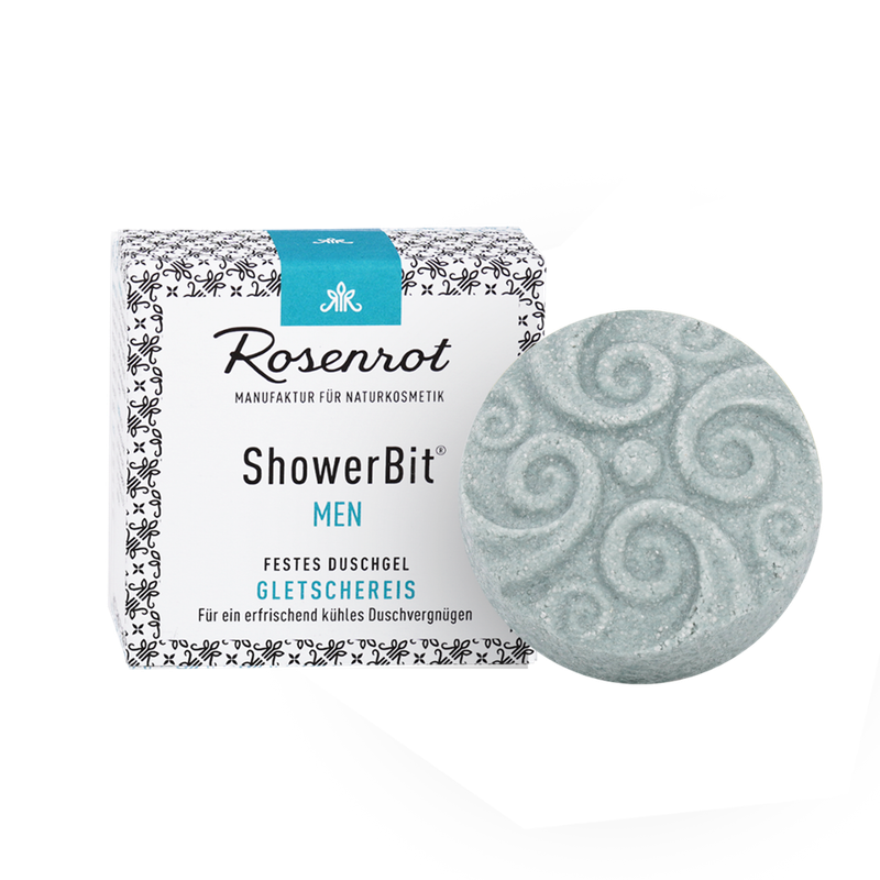 Rosenrot Naturkosmetik ShowerBit® MEN - festes Duschgel Gletschereis - 55g - in Schachtel - Vitalisierende Pflegedusche mit Bio-Sanddornfrucht-Extrakt verwöhnt die Haut und versorgt mit viel Feuchtigkeit. - Produktbild