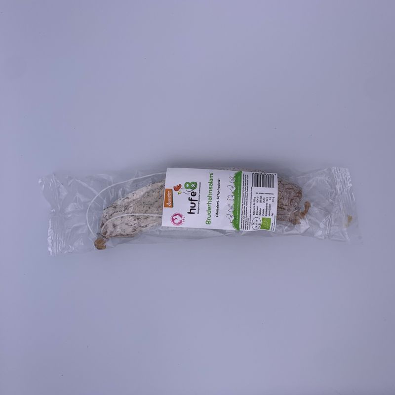 hufe8 hufe8 demeter Bruderhahn Salami, luftgetrocknet, aus Bio-Junghahnkeulenfleisch - Produktbild