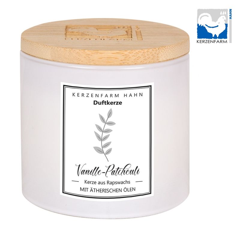 Kerzenfarm Hahn Duftkerze im Trendglas mit Holzdeckel , weiß, mit Rapswachs befüllt, Vanille-Patchouli - Produktbild