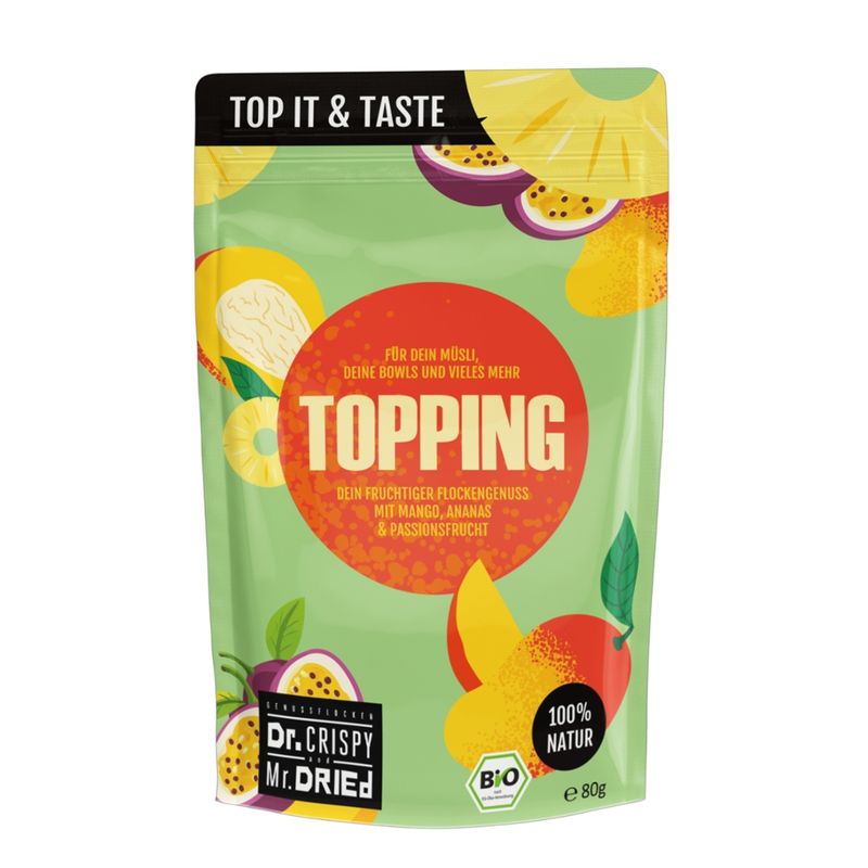 Dr. Crispy & Mr. Dried Bio Topping Golden Tropical - mit Mango, Ananas, Passionsfrucht, Hanfsamen, Erdmandel und Kurkuma - Produktbild