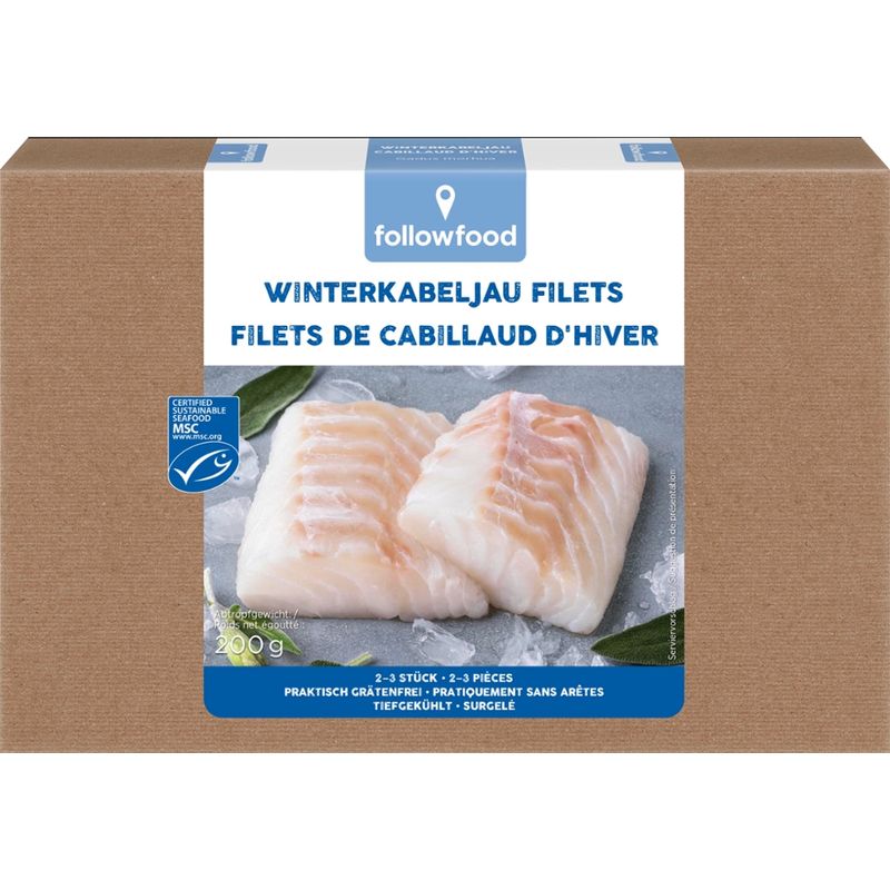 followfood MSC Winterkabeljau Filets, praktisch grätenfrei, tiefgekühlt, ohne Haut, praktisch grätenfrei, tiefgekühlt mit Wasserschutzglasur - Produktbild