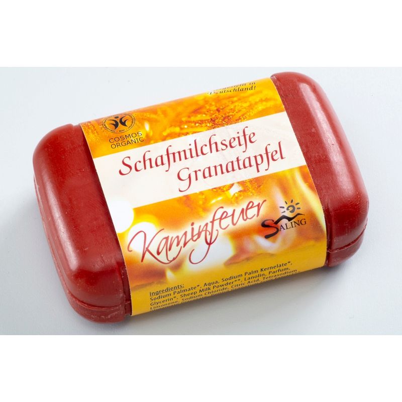 Saling "Kaminfeuer" Schafmilchseife Granatapfel, 100g Stück mit Banderole, cosmos organic zertifiziert - Produktbild