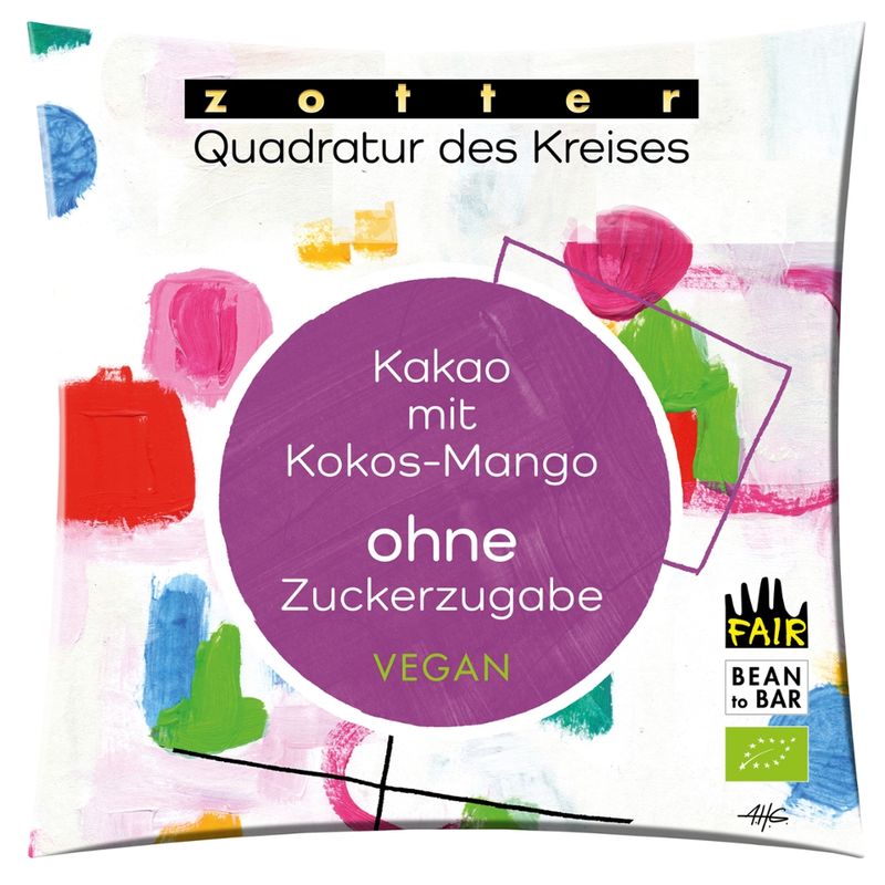 Zotter Schokolade Quadratur des Kreises - Kokos Mango Hafer, ohne Zuckerzugabe VEGAN - Produktbild
