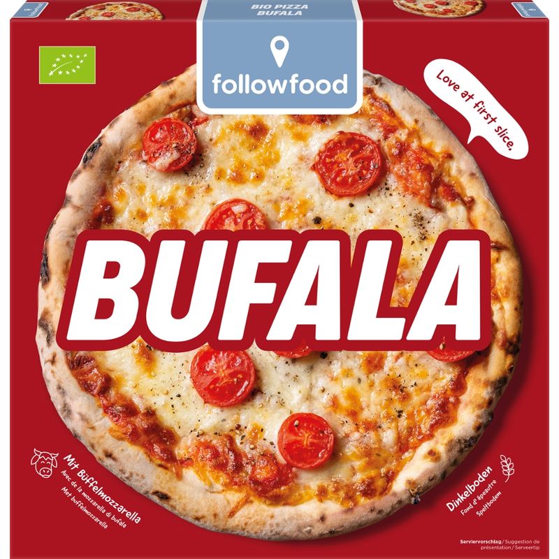 followfood Bio Pizza belegt mit Tomatenpüree, Büffelmozzarella und Cherrytomatenscheiben, vorgebacken, tiefgekühlt. - Produktbild