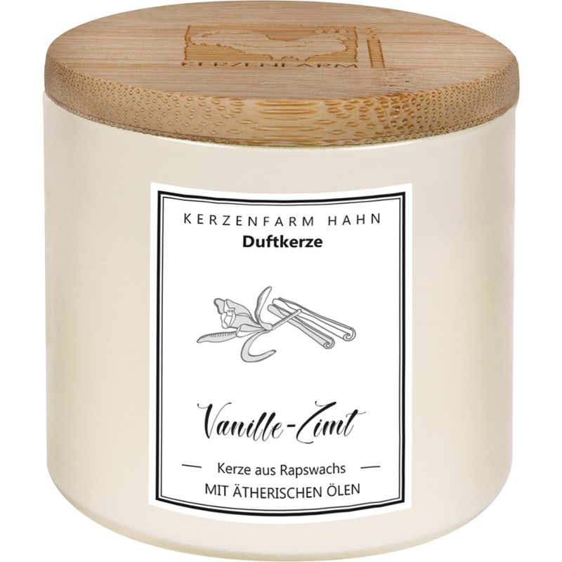 Kerzenfarm Hahn Von Hand gegossene Duftkerze im Glas, elfenbein, mit Holzdeckel, befüllt mit  Rapswachs, mit natürlichen ätherischen Ölen beduftet.  Natürlicher Duft Vanille-Zimt - Produktbild