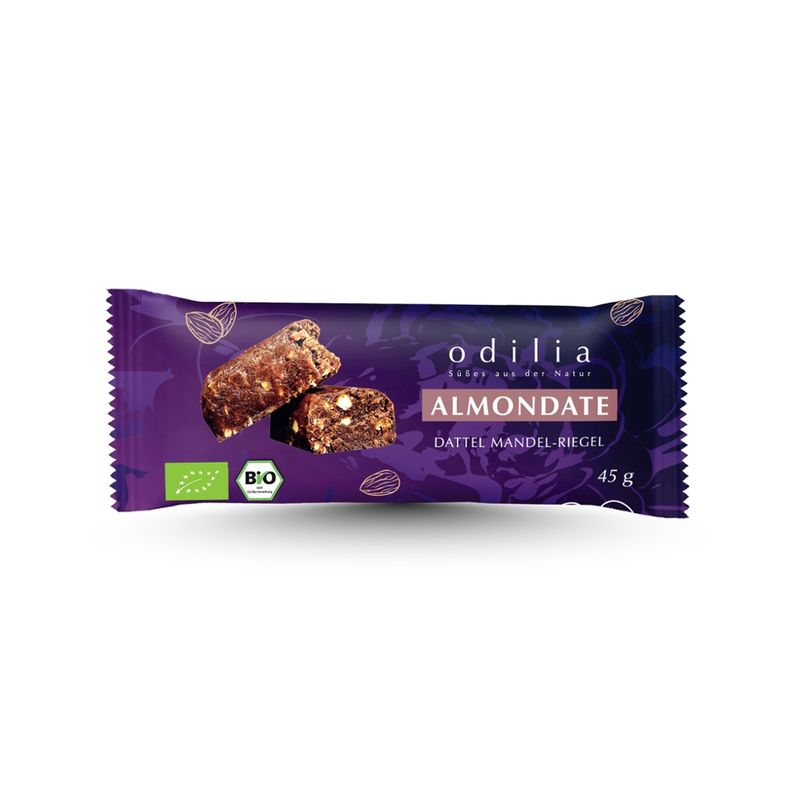odilia AlmonDate Bio Dattel-Mandelriegel – aromatischer Snack mit selbstgerösteten Mandeln, selbstgemachter Schokolade und Vanille, 100 % bio, vegan, glutenfrei & ohne Zuckerzusatz. Handgemacht in Nürnberg. - Produktbild