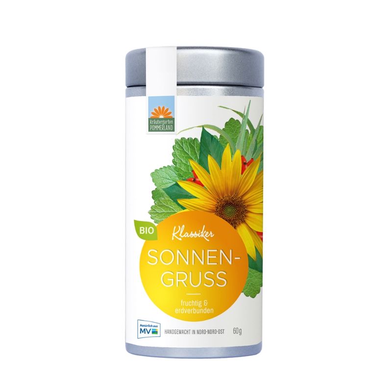 Kräutergarten Pommerland Sonnengruß, fruchtige Bio-Kräuterteemischung in der Vorratsdose - Produktbild