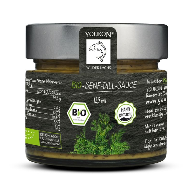 Youkon Wilder Lachs  Youkon Senf-Dill Sauce in BIO-Qualität 125 ml im dekorativen Glas - aus kontrolliert biologischer Produktion - Produktbild