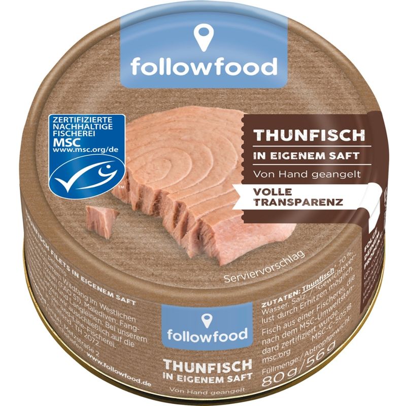 followfood MSC Thunfisch Filets (Katsuwonus pelamis) in eigenem Saft, aus Angelruten-Fischerei - Lithodose Mini - Produktbild